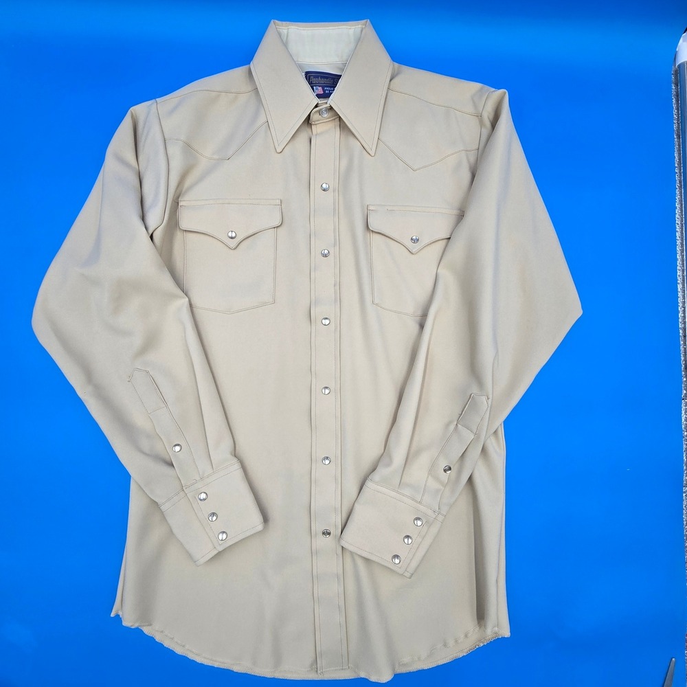 Vintage Panhandle Slim Mens Tan Western Pearl Snap Shirt Made in USA 15.5 x 34